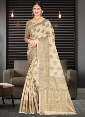 Pervas Woven Kanjivaram Silk Blend, Cotton Silk Saree(Cream)