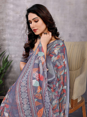 Soor Panchi Floral Print Bollywood Cotton Linen Saree(Multicolor)