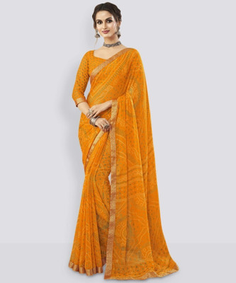 Samah Geometric Print, Printed, Embellished Bollywood Georgette, Chiffon Saree(Gold, Yellow)
