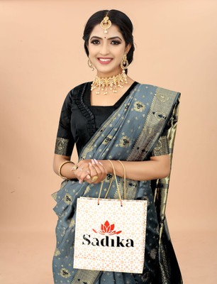 sadika Woven, Floral Print Dharmavaram Jacquard, Art Silk Saree(Grey, Black)