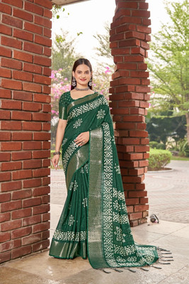 SSHAGUN LIFESTYLE Printed Hand Batik Silk Blend Saree(Green)
