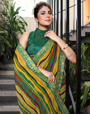 YASHIKA Printed Bandhani Georgette, Lace Saree(Yellow)