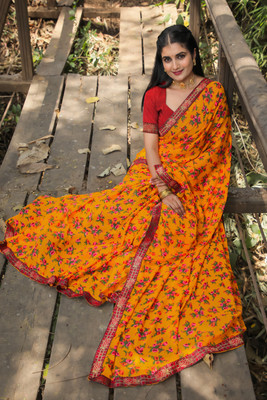 Kanooda Prints Embroidered Bandhani Georgette Saree(Beige)