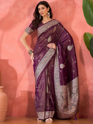 Sangria Self Design Saree with Attached Blouse Silk Blend Saree(Purple)