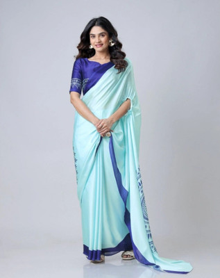 ABSECOM Printed Daily Wear Cotton Blend Saree(Light Blue)