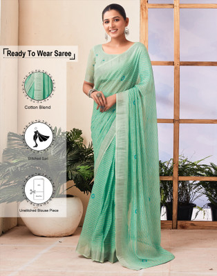 Samah Printed, Embellished, Striped Jamdani Cotton Blend Saree(Light Green)