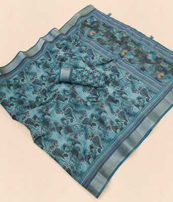 Mugdarra Floral Print Daily Wear Linen Saree(Blue)
