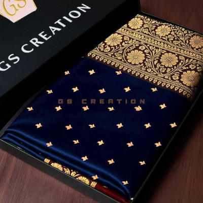 GS creation Woven Banarasi Satin Saree(Dark Blue, Maroon)
