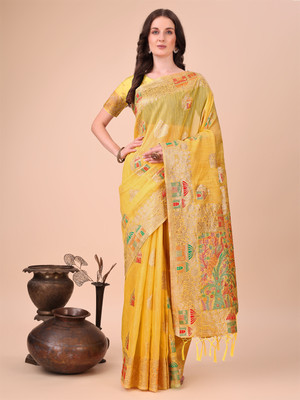 Tasrika Woven Banarasi Cotton Linen Saree(Yellow)