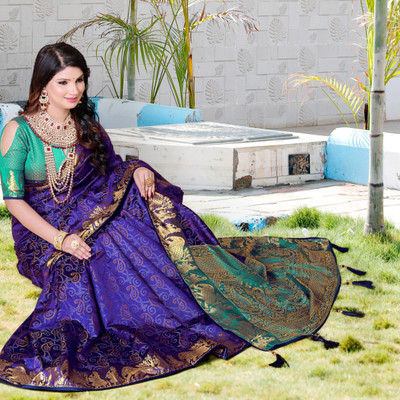 LAVYANSH CREATION Printed Patola Silk Blend Saree(Blue)
