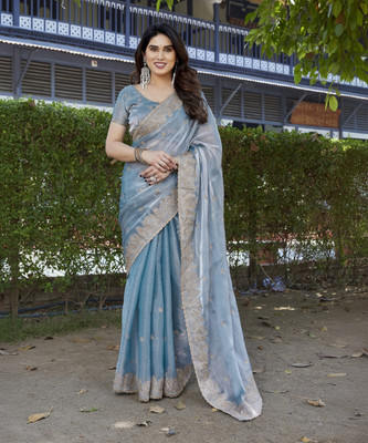 NIRMOHIFASHION Embroidered Bollywood Chiffon, Organza Saree(Light Blue)