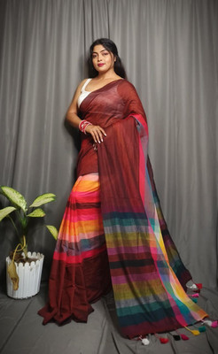 KUTTUS CREATIONS Striped, Checkered Handloom Khadi Saree(Multicolor, Maroon)