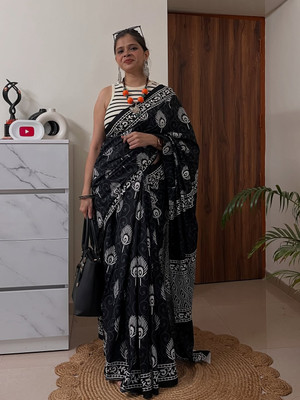 HouseOfCommon Blocked Printed Bollywood Chanderi Saree(Black)