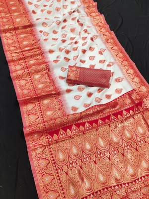 SHREEKHODIYARST Woven, Paisley Banarasi Cotton Silk, Jacquard Saree(White, Red)