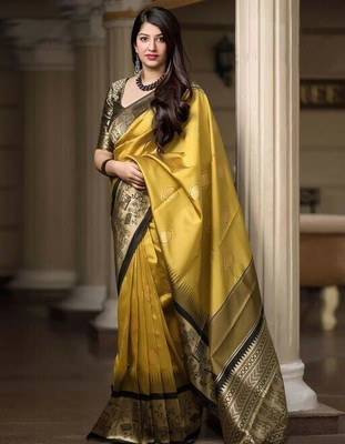 HouseOfCommon Self Design Kanjivaram Art Silk Saree(Mustard)