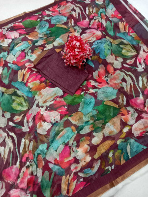 VISHNU Printed Kanjivaram Pure Cotton, Cotton Linen Saree(Maroon)