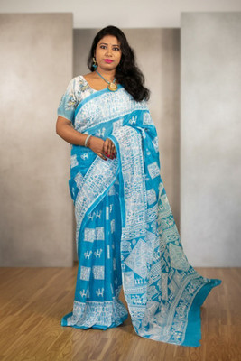 PriorityPoint Printed Daily Wear Pure Cotton Saree(Blue, White)
