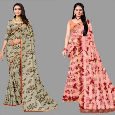 YaminiCreation Printed Bollywood Polyester Saree(Pack of 2, Orange, Grey)