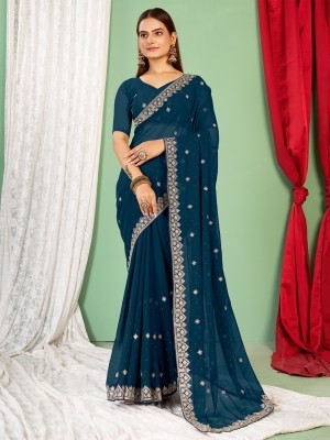 Tasrika Embroidered Bollywood Georgette Saree(Blue)