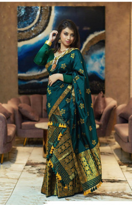 VM Selling Hub Printed, Self Design Mekhela Chador Polyester Saree(Dark Green)