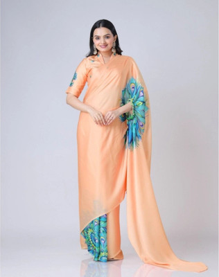 ABSECOM Printed Daily Wear Cotton Blend Saree(Orange)