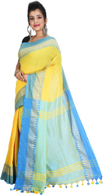 GOLU Solid/Plain Daily Wear Handloom Cotton Blend Saree(Yellow)