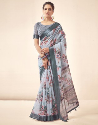 Samah Digital Print, Printed Bollywood Linen Saree(Grey, Multicolor)