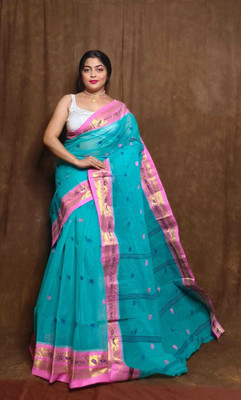 SUDIPTO SAREE HUB Printed Tant Handloom Pure Cotton Saree(Light Blue)