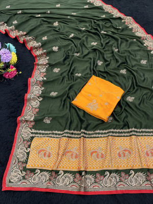 CHAMUNDA CREATION Embroidered Bollywood Pure Silk Saree(Light Green)
