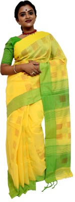 KheyaliBoutique Embellished, Woven Handloom Cotton Blend Saree(Green, Yellow)