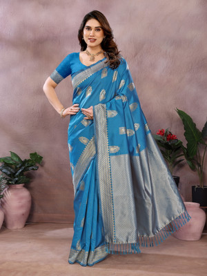 Sakifashion Woven Kanjivaram Pure Silk Saree(Light Blue)