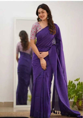 ECOMBEE Solid/Plain Handloom Cotton Blend Saree(Blue)