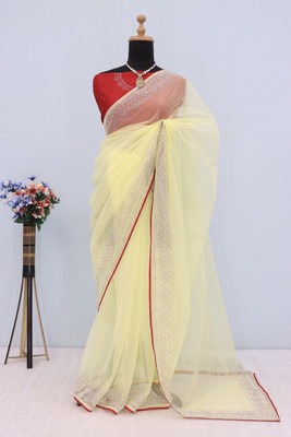 VarniRaaj Fashion Embellished Bollywood Supernet Saree(Cream)