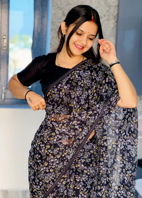 TELIRAJ.FASHION. Printed Bollywood Georgette, Chiffon Saree(Black)