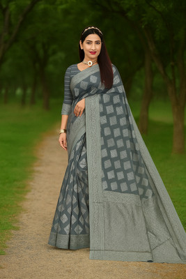 VARUTEX Printed Banarasi Cotton Blend Saree(Grey)