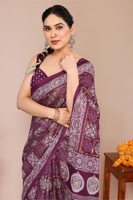 MIRCHI FASHION Printed, Blocked Printed, Checkered, Embellished Bandhani Silk Blend Saree(Magenta, White, Gold)