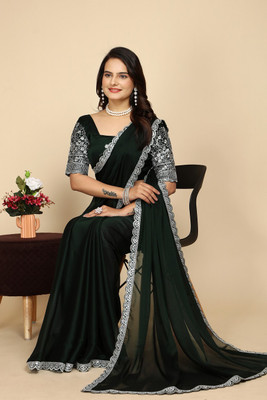 SHIV FASHION Embroidered, Solid/Plain Bollywood Chiffon Saree(Dark Green)