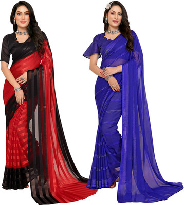 Moda Rapido Self Design, Striped, Ombre Bollywood Satin Saree(Pack of 2, Red, Black)