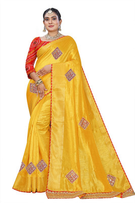 Dhanlaxmi Creation Embroidered Handloom Cotton Blend Saree(Yellow)