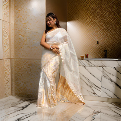 VEPEX Printed Mekhela Chador Silk Blend Saree(White)