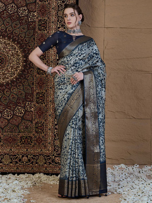 ANOUK Printed Chinnalapattu Viscose Rayon Saree(Cream, Blue)