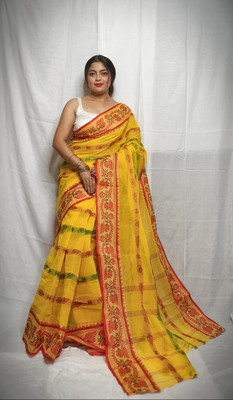 KhayaFashion Printed Tant Pure Cotton Saree(Yellow)