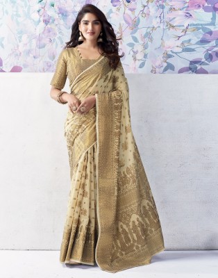 Samah Woven, Self Design Banarasi Cotton Silk, Jacquard Saree(Beige, Gold)