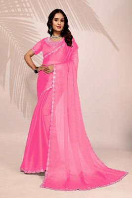 Privasaree Solid/Plain Bollywood Jimmy choo Saree(Pink)
