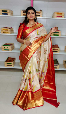 PRASHANTHVI CREATIONS Printed, Floral Print, Woven Banarasi Tissue Saree(Cream, Multicolor)
