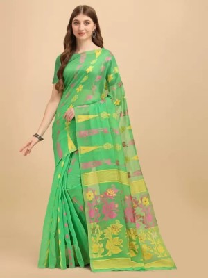 RHONNIUM Self Design Jamdani Cotton Silk Saree(Green)