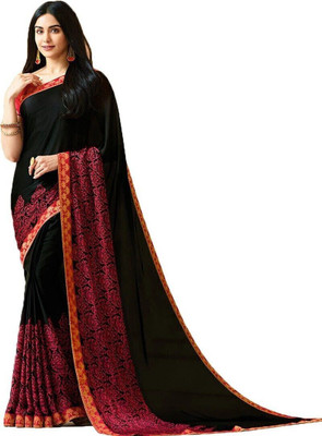 ROOP SUNDARI SAREES Printed, Self Design, Floral Print Bollywood Pure Silk Saree(Red, Black)