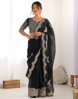 ONECULURE Embroidered, Embellished, Floral Print, Woven Bollywood Jimmy choo Saree(Black)
