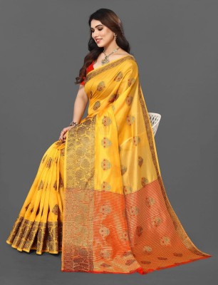 Shopya Self Design Kanjivaram Georgette, Organza Saree(Yellow, Red)