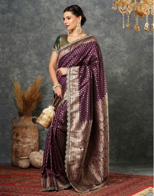 Satrani Self Design, Woven, Embellished, Dyed Banarasi Silk Blend Saree(Purple, Gold)